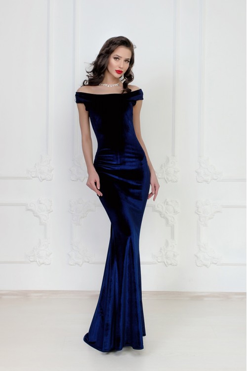 Темно-синее бархатное платье в пол Deborah