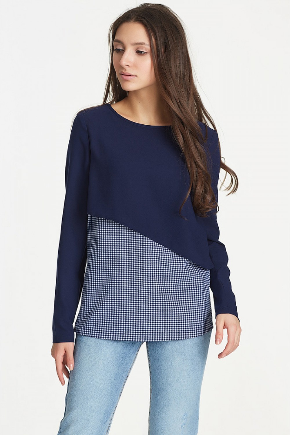 Шифоновая двухцветная блузка с длинными рукавами Lilou blue купить винтернет-магазине Divaroom